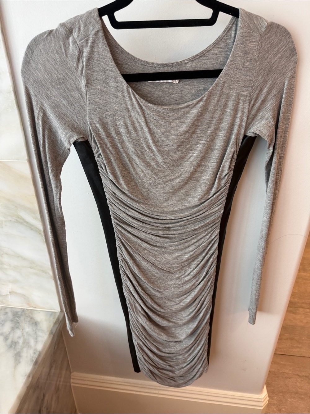 Bailey 44 Gray Long-Sleeve Ruched Dress with Black leather like Side Panels